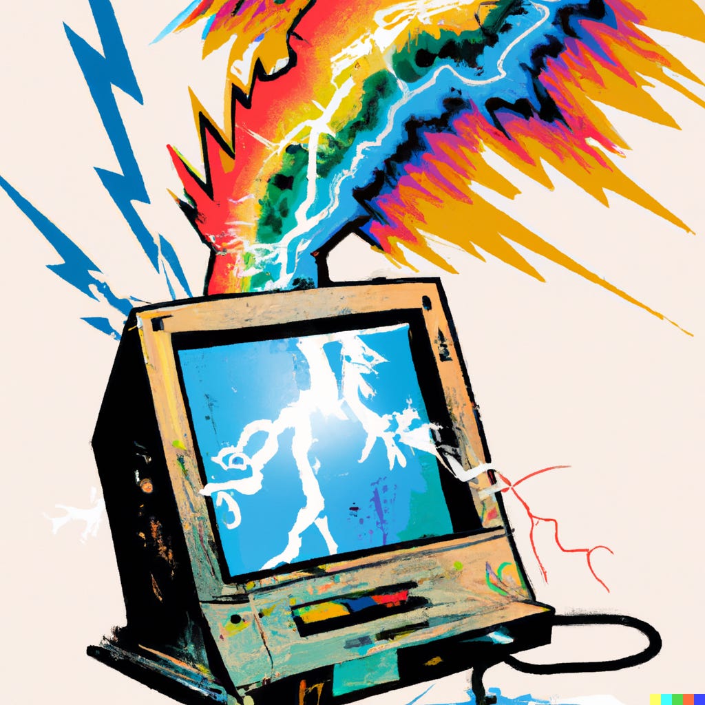 a computer with multicolor lightning bolts in and around it